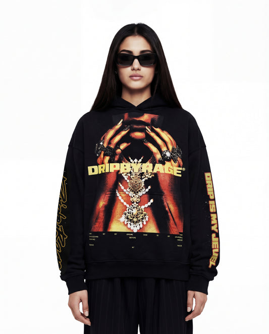 DRIP IS MY JEWEL BIG PRINT SUN FADED BOXY HOODIE