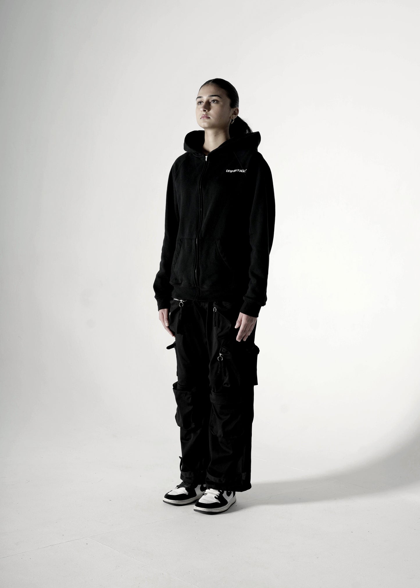 BLACK OVERSIZED ZIP-UP FLEECE HOODIE