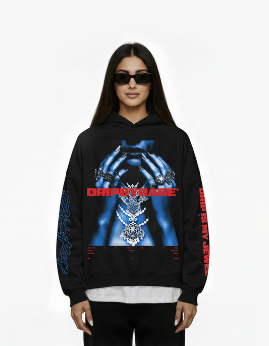 DRIP IS MY JEWEL BLUE BIG PRINT SUN FADED BOXY HOODIE - Drip by Rage