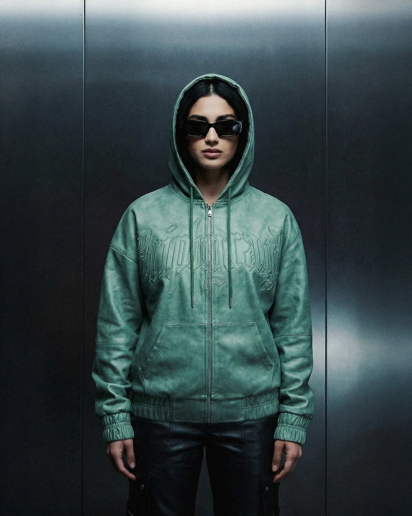Emerald Washed Leather Hoodie Jacket - Drip by Rage