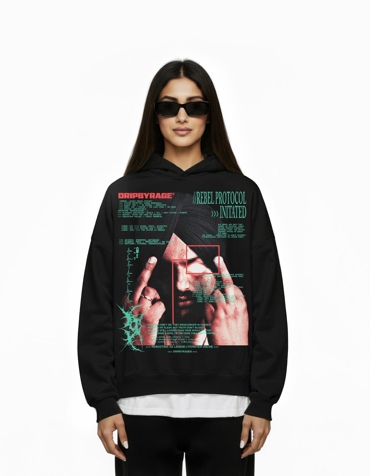 REBEL PROTOCOL BIG PRINT SUN FADED BOXY HOODIE - Drip by Rage