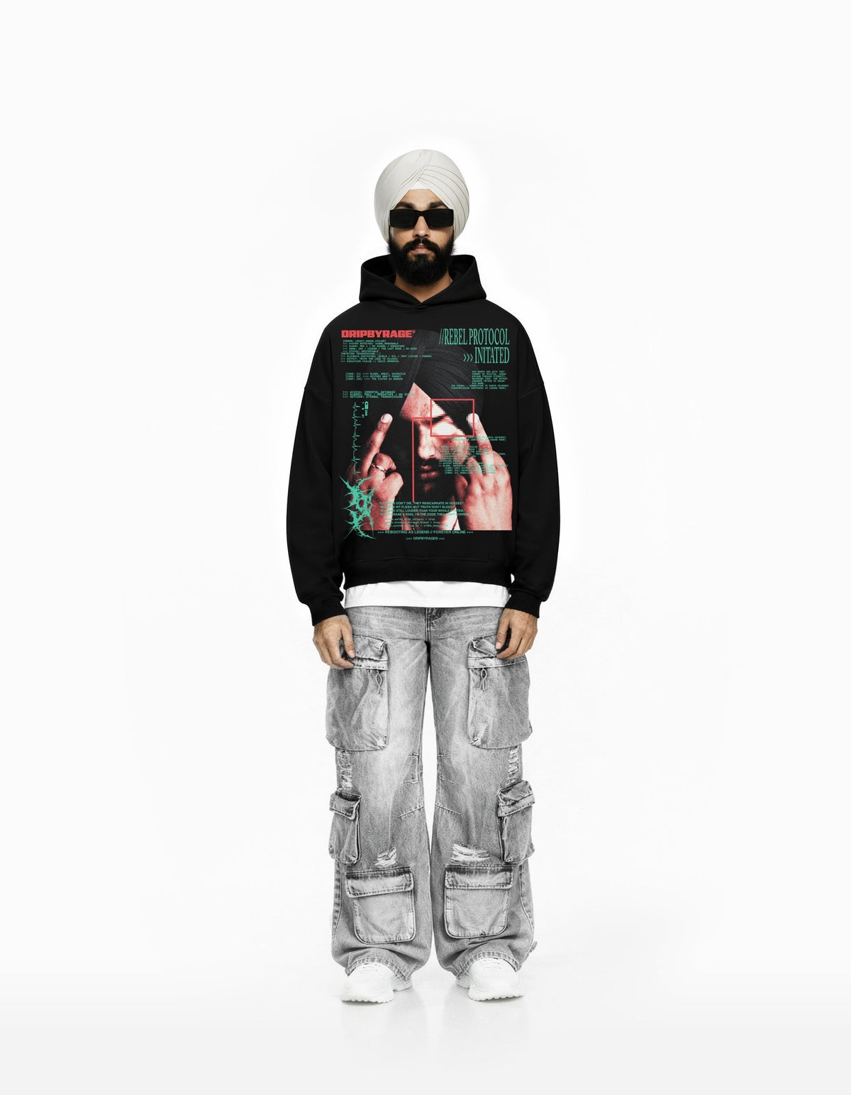 REBEL PROTOCOL BIG PRINT SUN FADED BOXY HOODIE - Drip by Rage