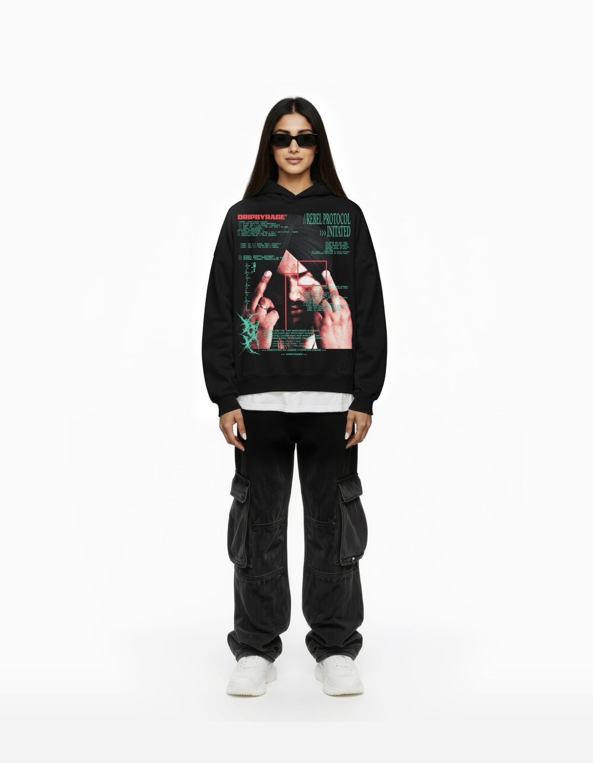 REBEL PROTOCOL BIG PRINT SUN FADED BOXY HOODIE - Drip by Rage