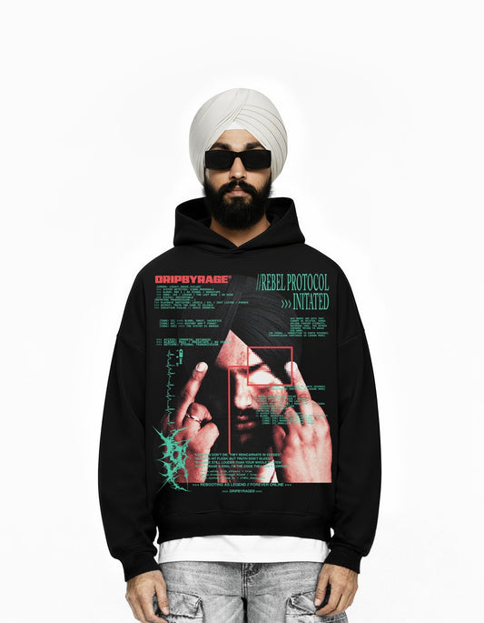 REBEL PROTOCOL BIG PRINT SUN FADED BOXY HOODIE - Drip by Rage