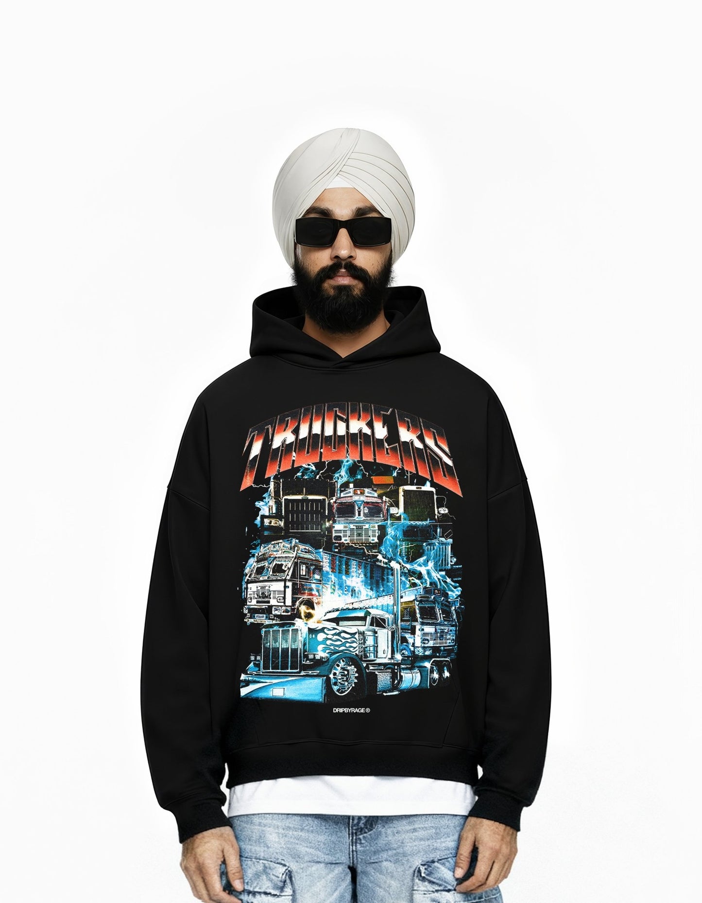 TRUCKERS BIG PRINT SUN FADED BOXY HOODIE - Drip by Rage