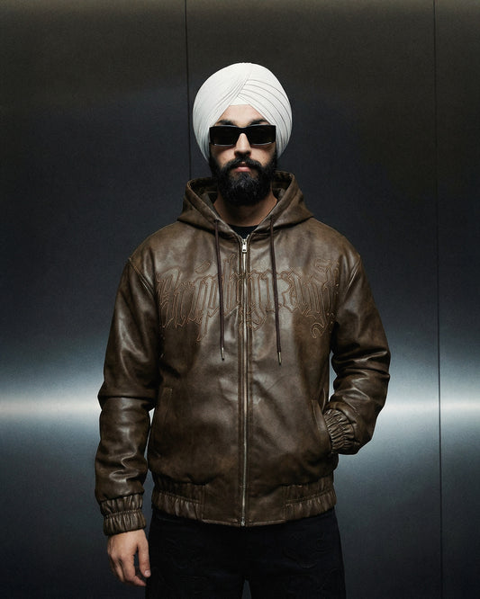 Mocha Washed Leather Hoodie Jacket