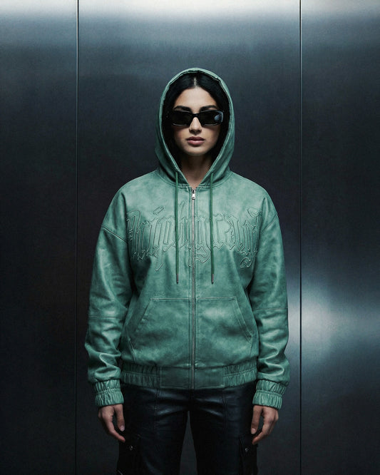 Emerald Washed Leather Hoodie Jacket