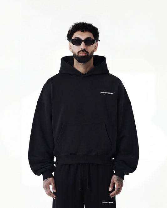 BLACK BOXY FIT FLEECE HOODIE