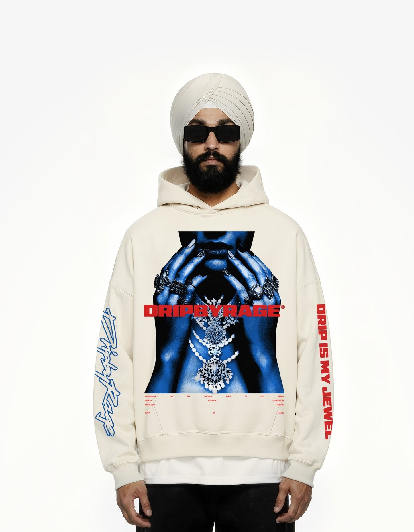 DRIP IS MY JEWEL BLUE BIG PRINT SUN FADED BOXY HOODIE - Drip by Rage