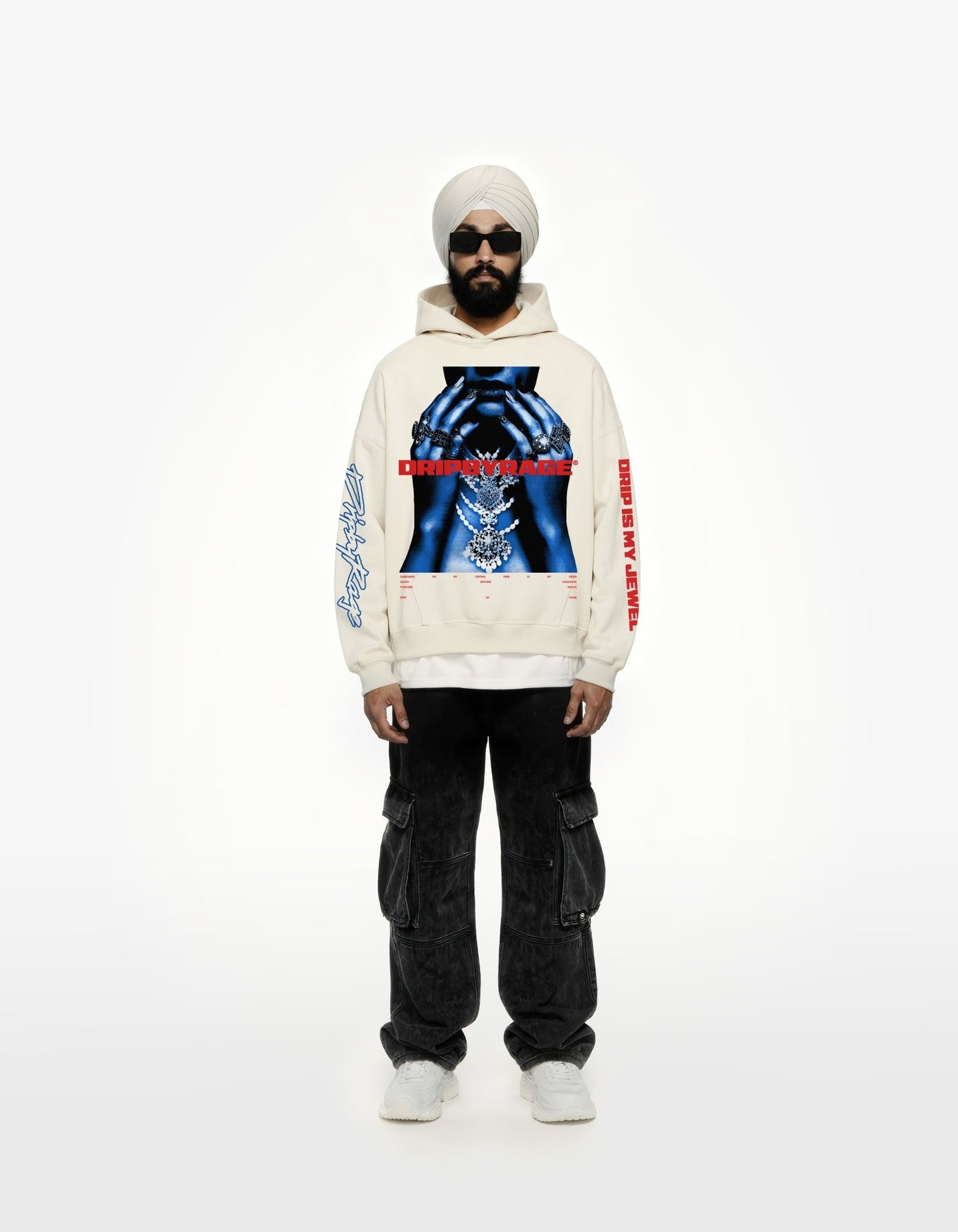 DRIP IS MY JEWEL BLUE BIG PRINT SUN FADED BOXY HOODIE - Drip by Rage