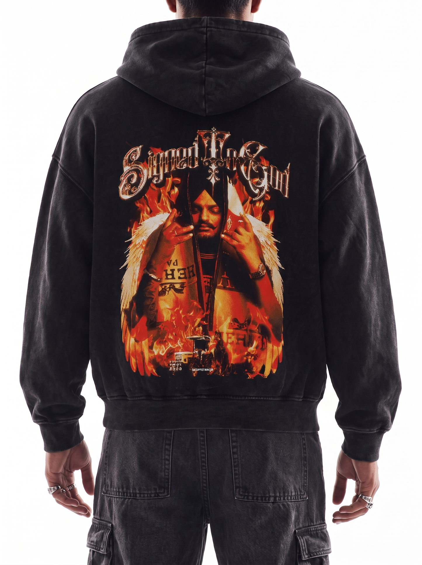 Sweat à capuche noir surdimensionné délavé, édition Flammes, signé à Dieu