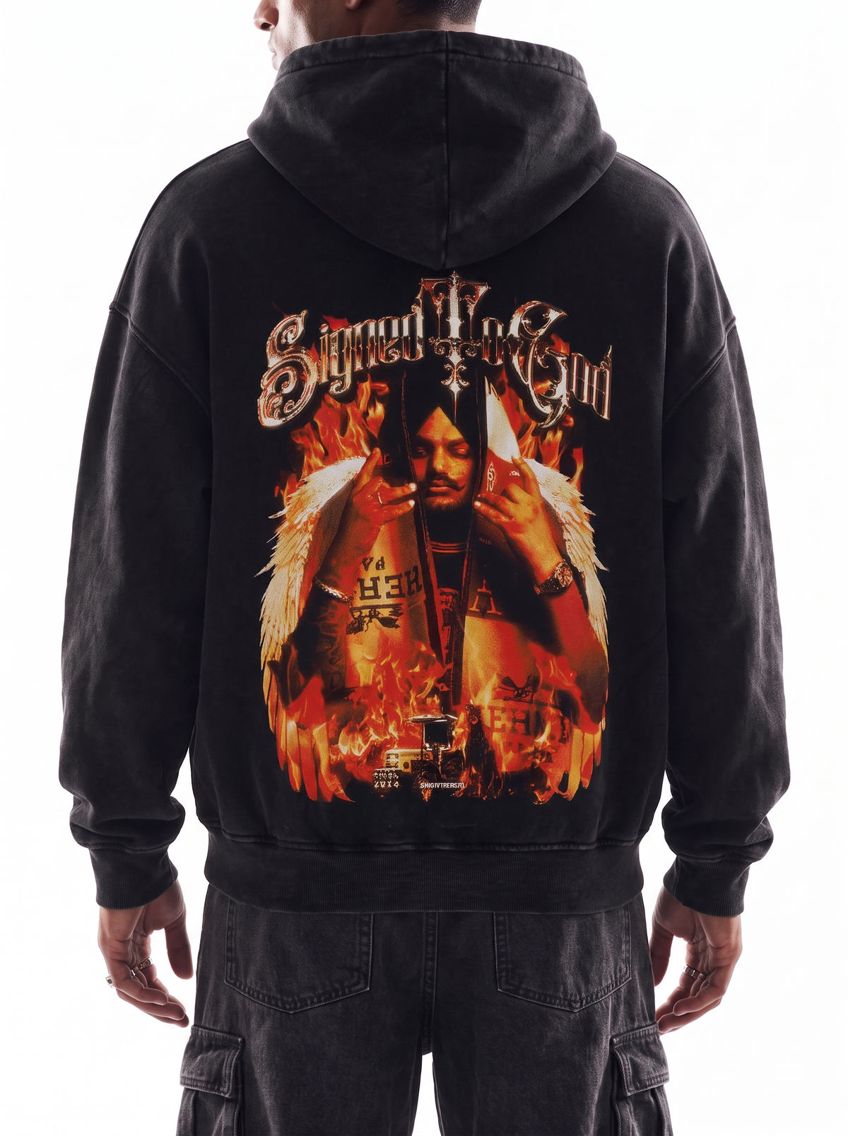 Sweat à capuche noir surdimensionné délavé, édition Flammes, signé à Dieu