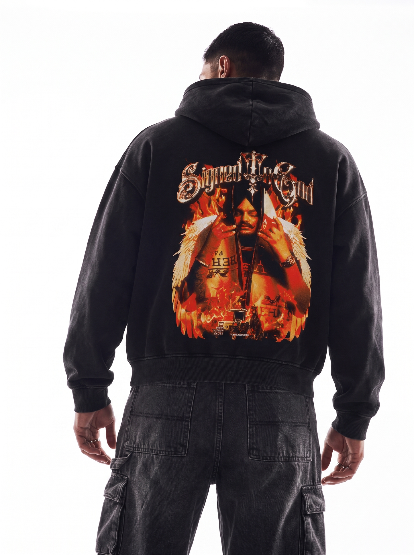 Sweat à capuche noir surdimensionné délavé, édition Flammes, signé à Dieu