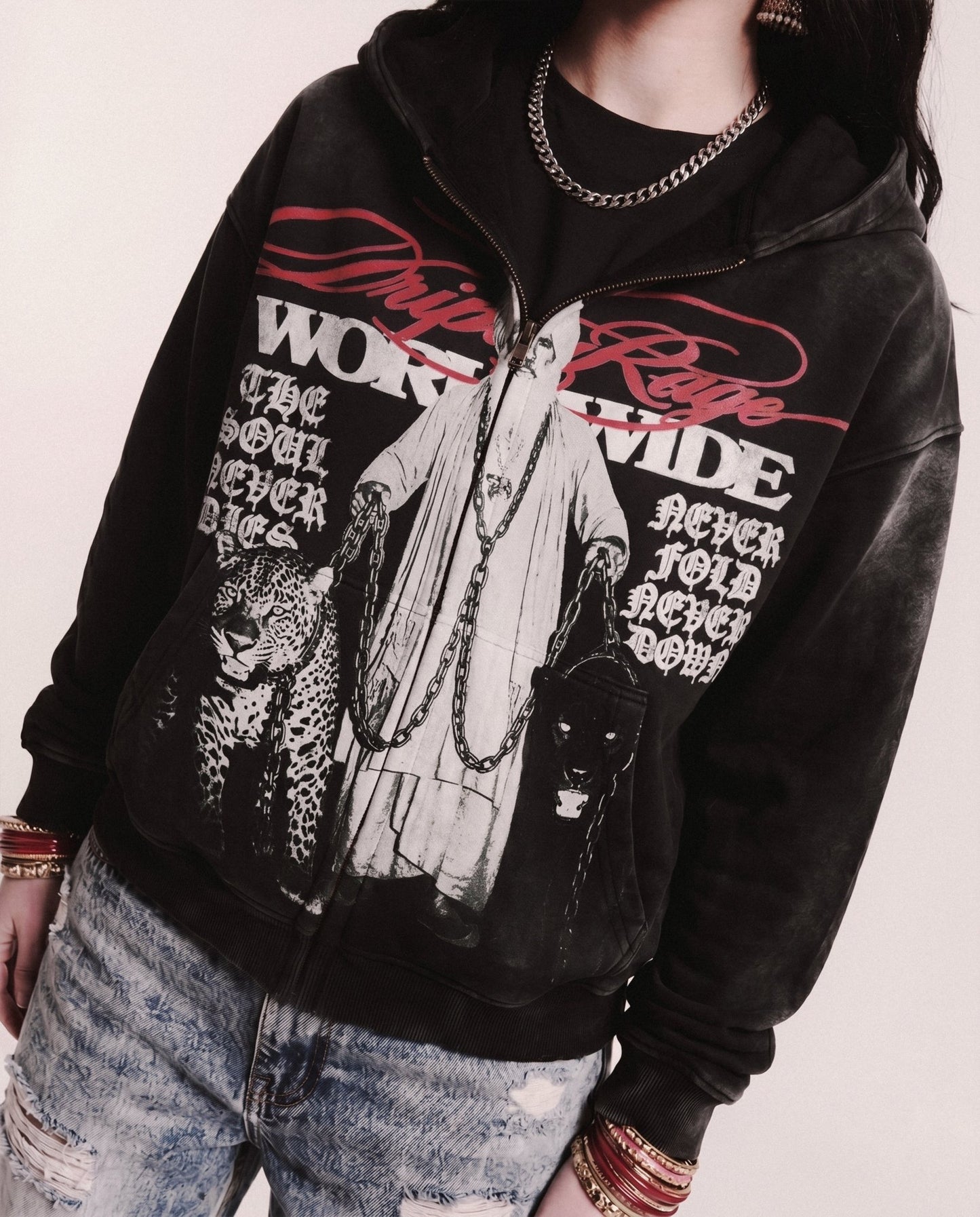 KING PIN ZIP-UP FADED HOODIE - Drip by Rage