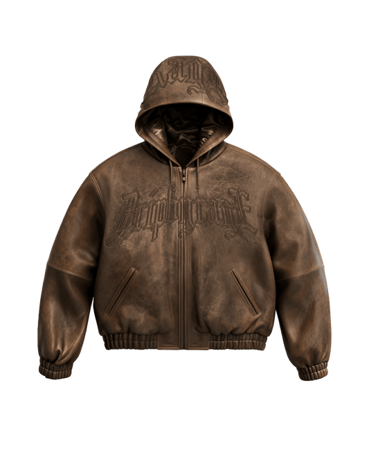 Mocha Washed Leather Hoodie Jacket - Drip by Rage