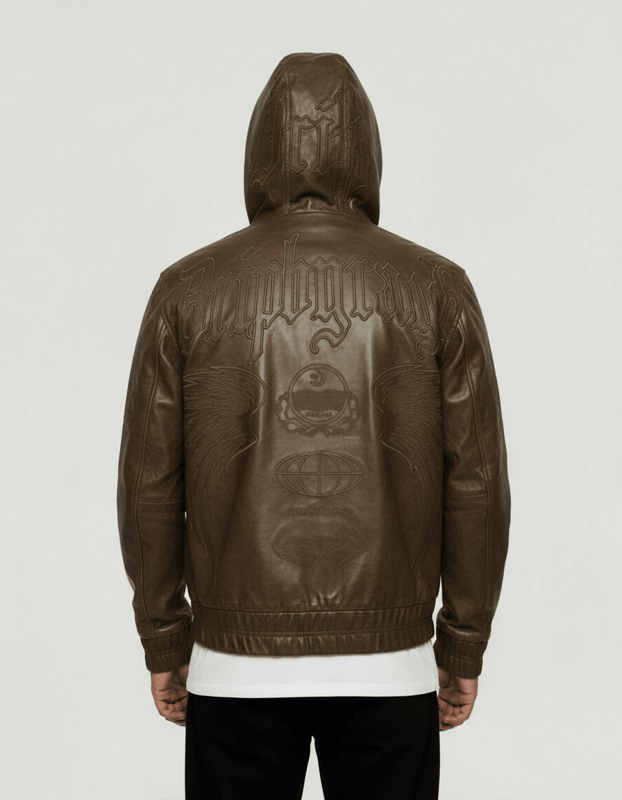 Mocha Washed Leather Hoodie Jacket - Drip by Rage