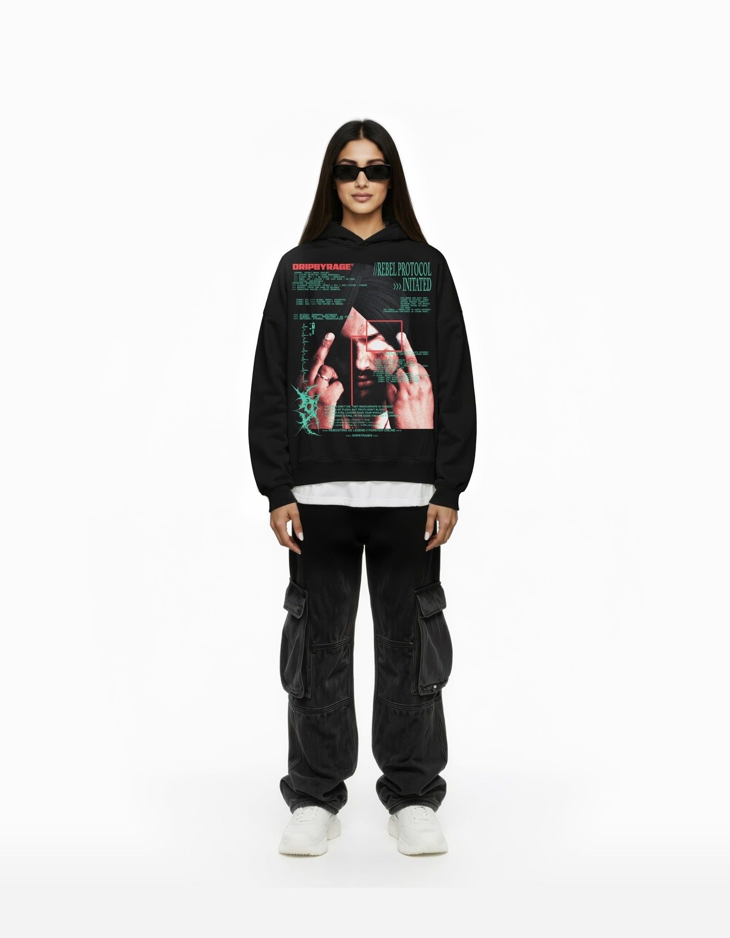 REBEL PROTOCOL BIG PRINT SUN FADED BOXY HOODIE - Drip by Rage