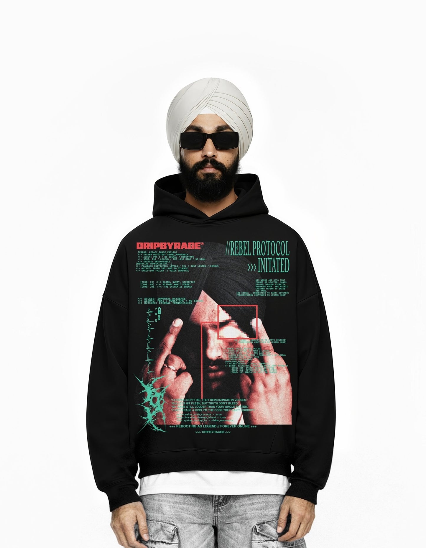 REBEL PROTOCOL BIG PRINT SUN FADED BOXY HOODIE - Drip by Rage