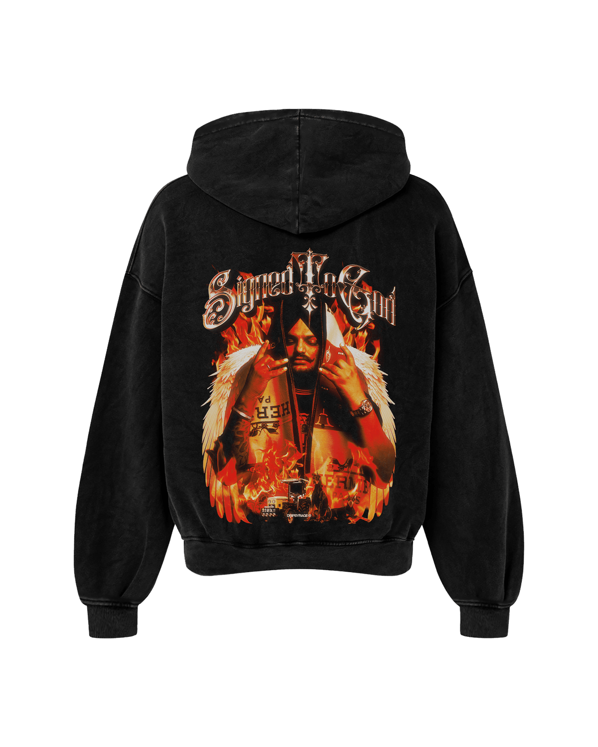 SIGNED TO GOD FLAMES EDITION OVERSIZED FADED HOODIE BLACK - Drip by Rage