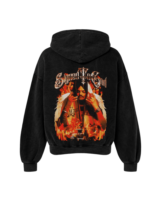 SIGNED TO GOD FLAMES EDITION OVERSIZED FADED HOODIE BLACK - Drip by Rage
