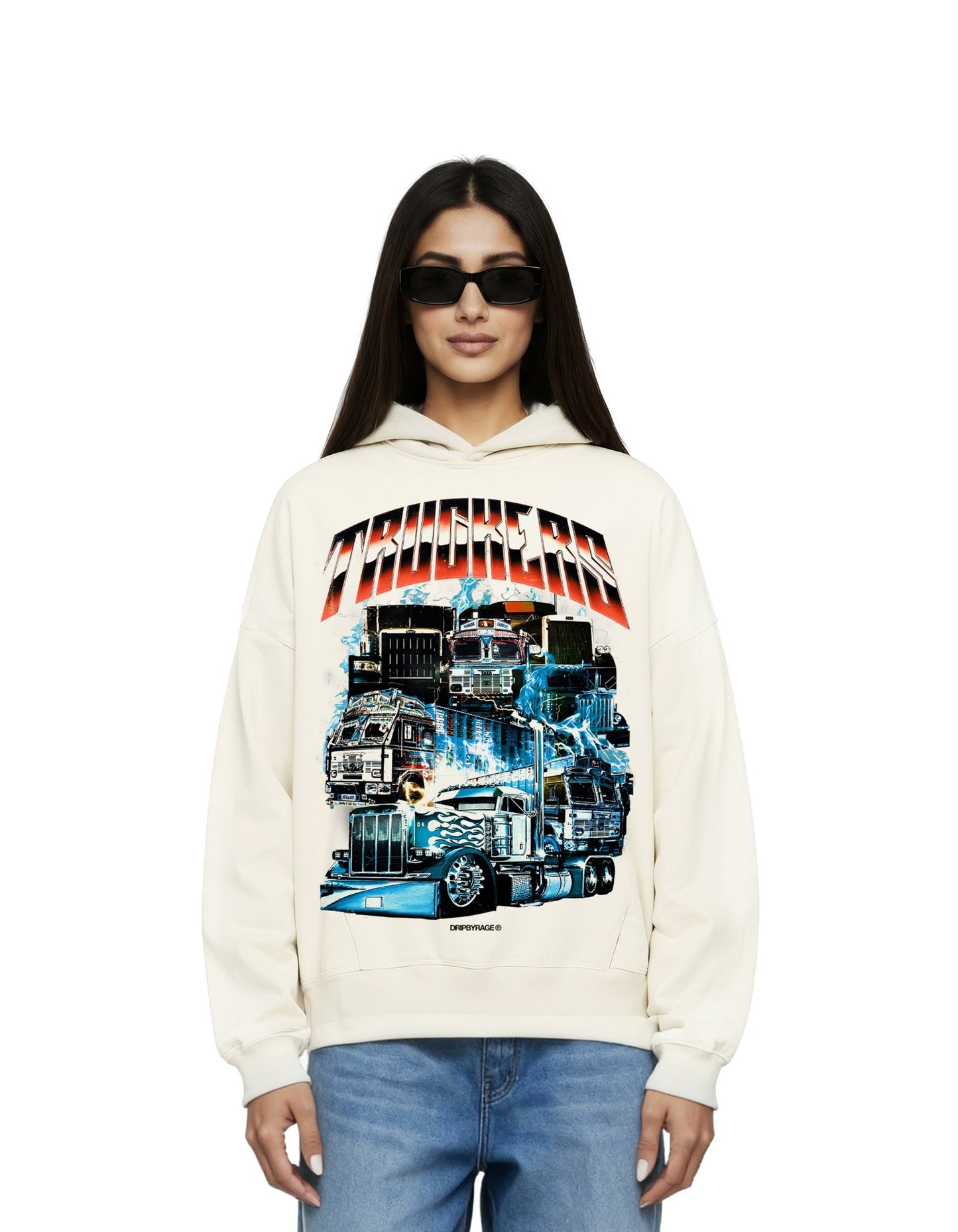 TRUCKERS BIG PRINT SUN FADED BOXY HOODIE - Drip by Rage