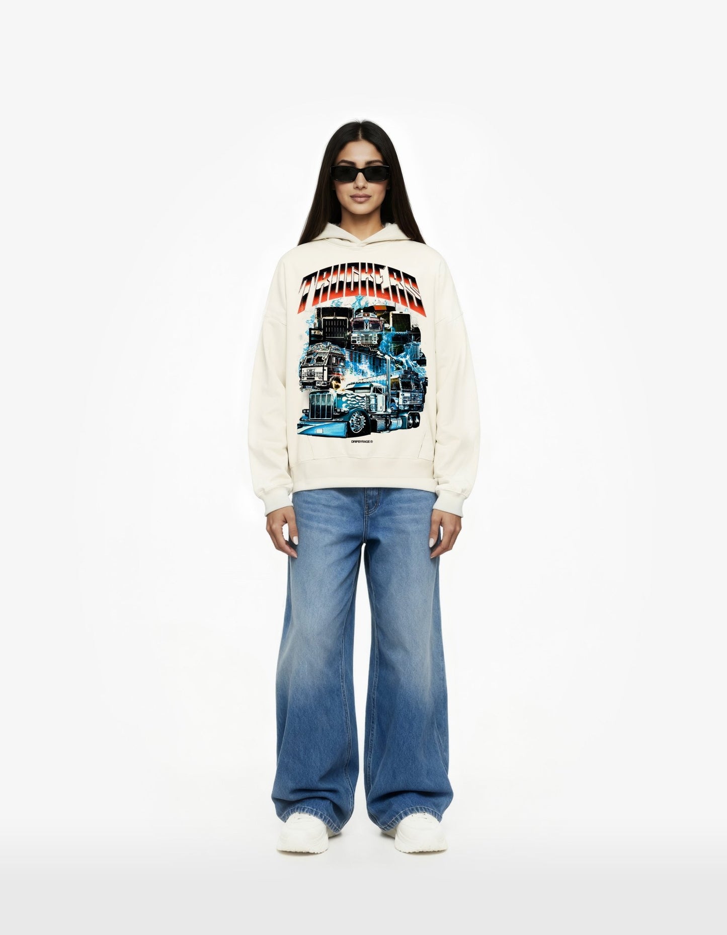 TRUCKERS BIG PRINT SUN FADED BOXY HOODIE - Drip by Rage