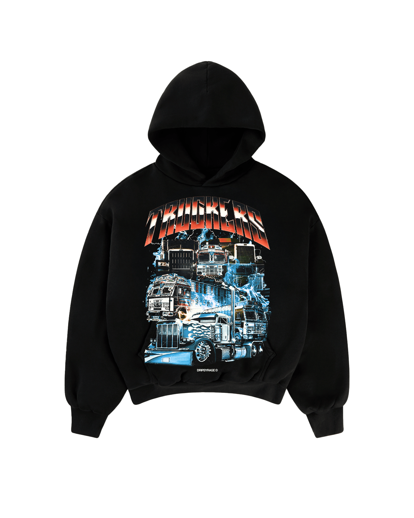 TRUCKERS BIG PRINT SUN FADED BOXY HOODIE - Drip by Rage