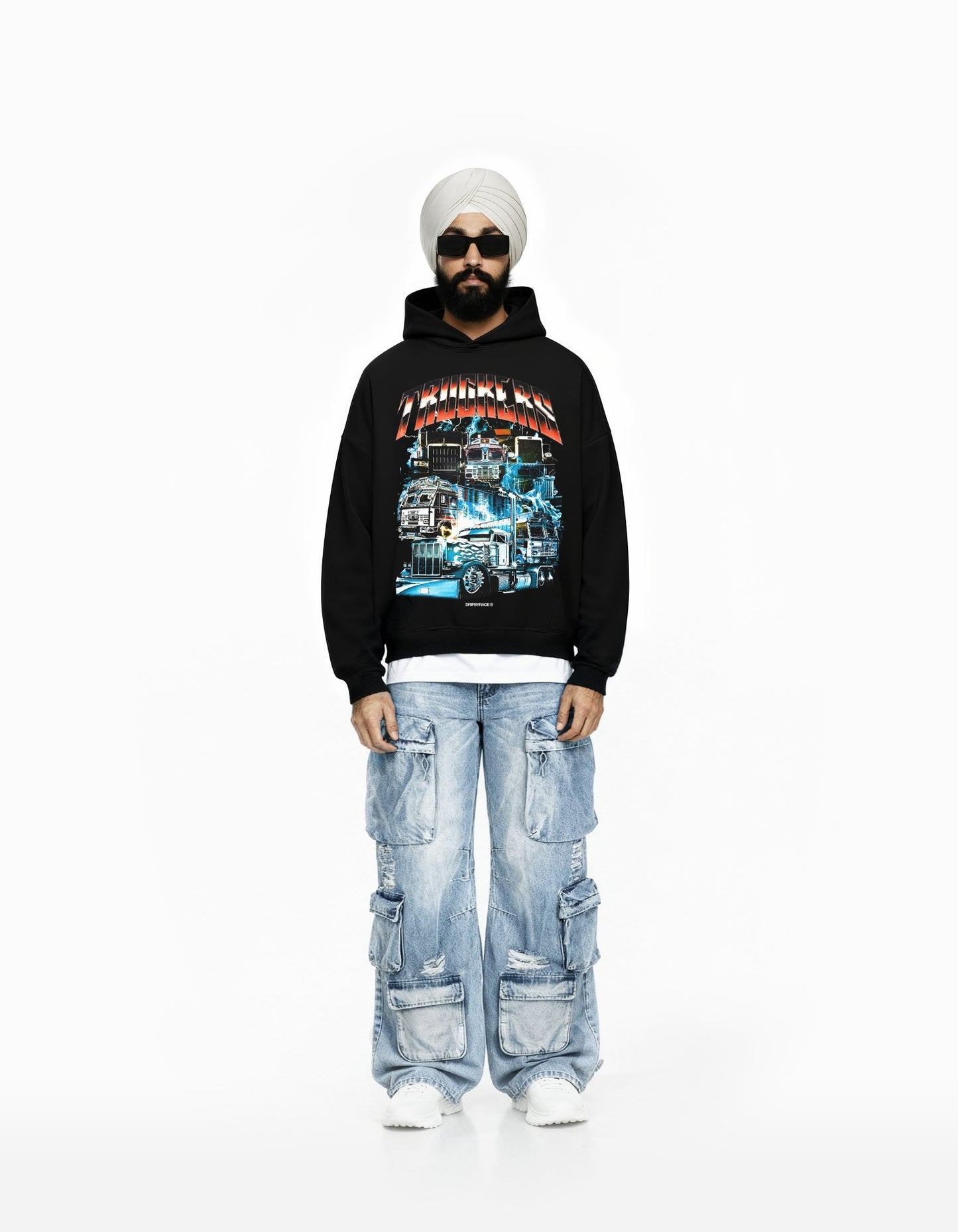 TRUCKERS BIG PRINT SUN FADED BOXY HOODIE - Drip by Rage